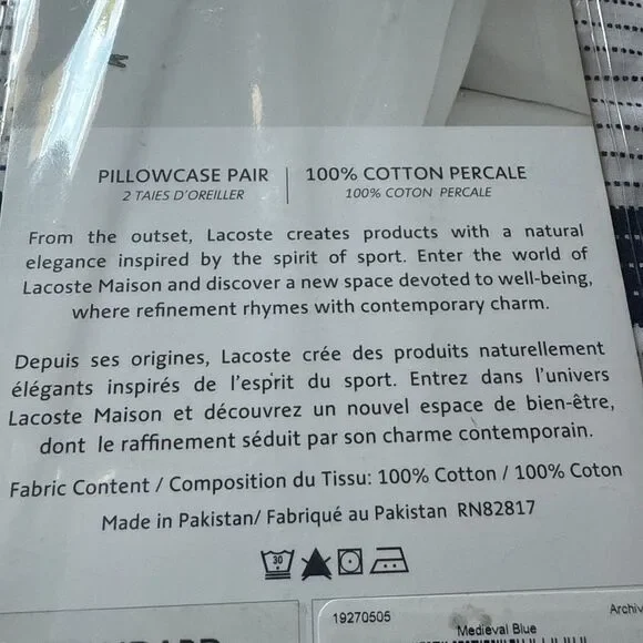 Lacoste 100% Cotton Medieval Blue Standard Pillowcase Pair Archive 2 Pillow Case - Picture 6 of 8